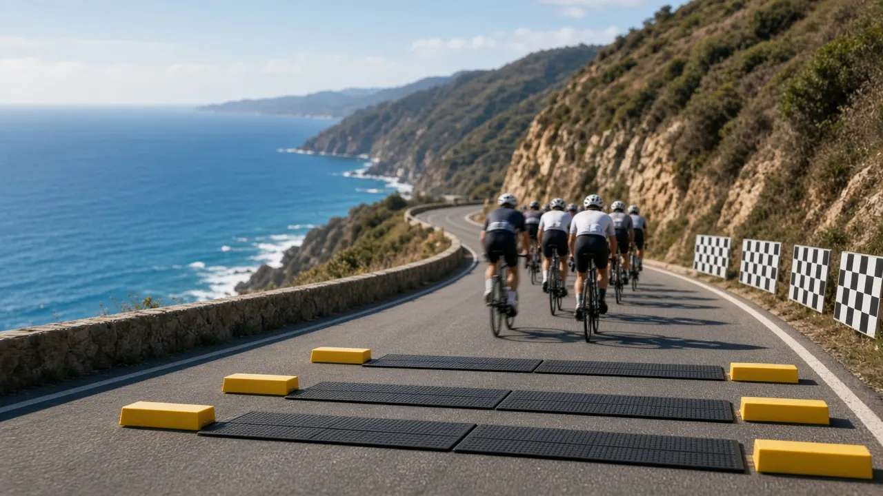 Coastal Australian road with a cycling race timing mat and yellow course markers