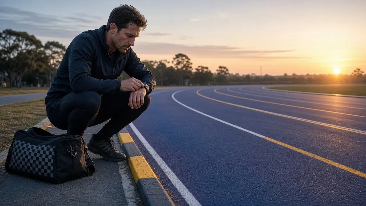 Sunrise on an empty Australian running track with yellow lane lines