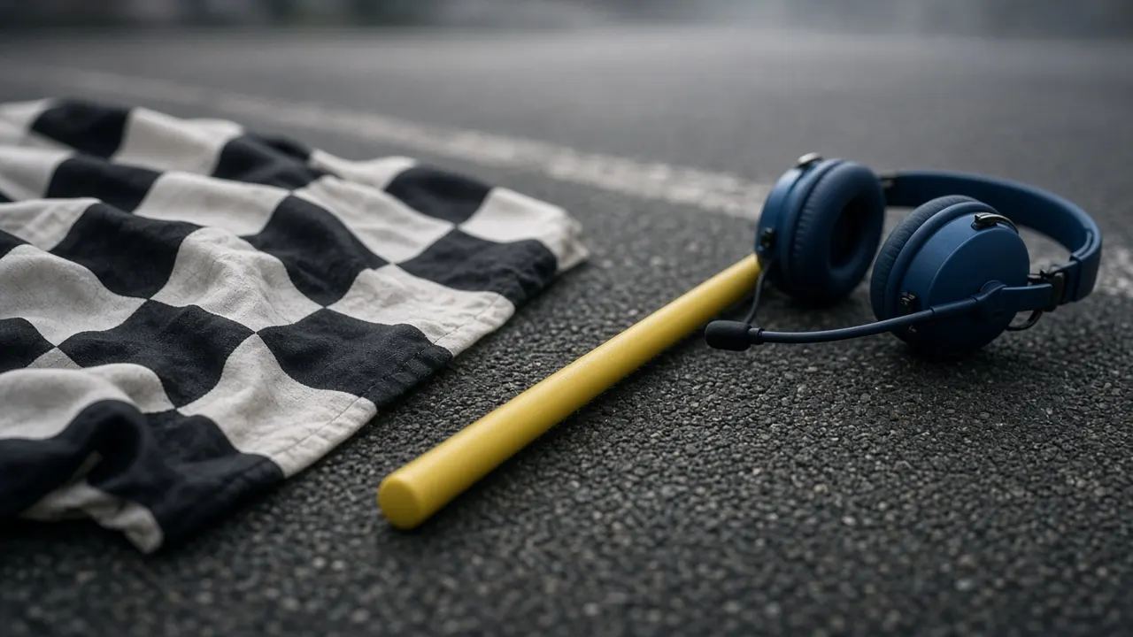 Chequered flag fabric, a yellow timing wand and a blue headset on asphalt
